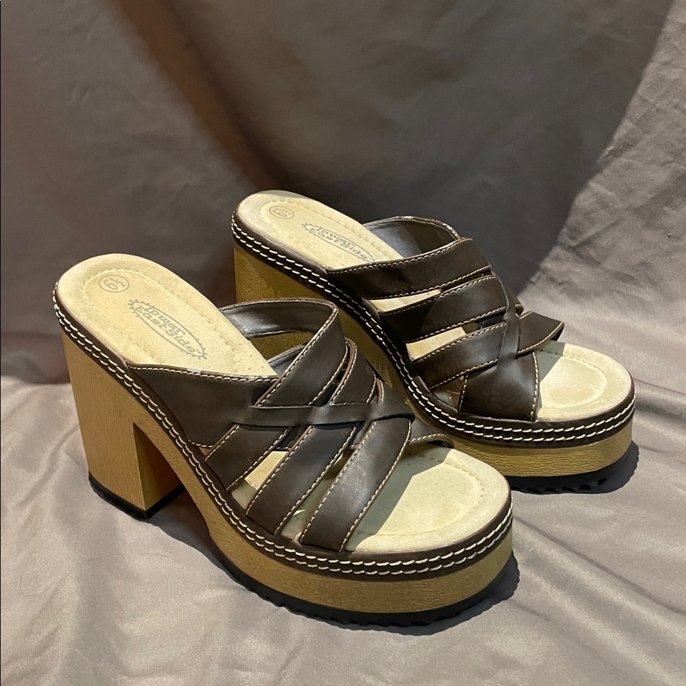 Vintage 90's Y2K Lower East Side‎ Brown Chunky Platform Slides Sandals Size 6.5